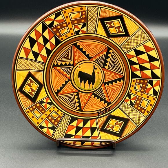 Vintage Handmade Cusco Peru Alpaca Pottery Plate 8.5” Wall Hanging Art Decor - Picture 4 of 8